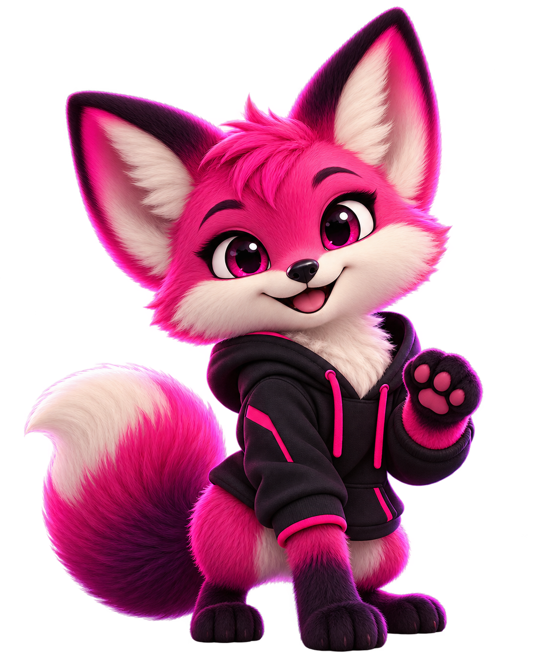 Das VYLO-Maskottchen: ein pinker Fuchs im schwarzen Hoodie, der eine Pfote hebt.